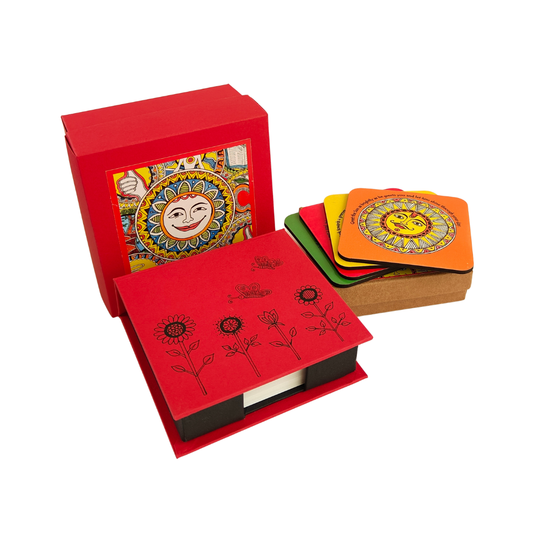 Memo and coaster gift box madhubani